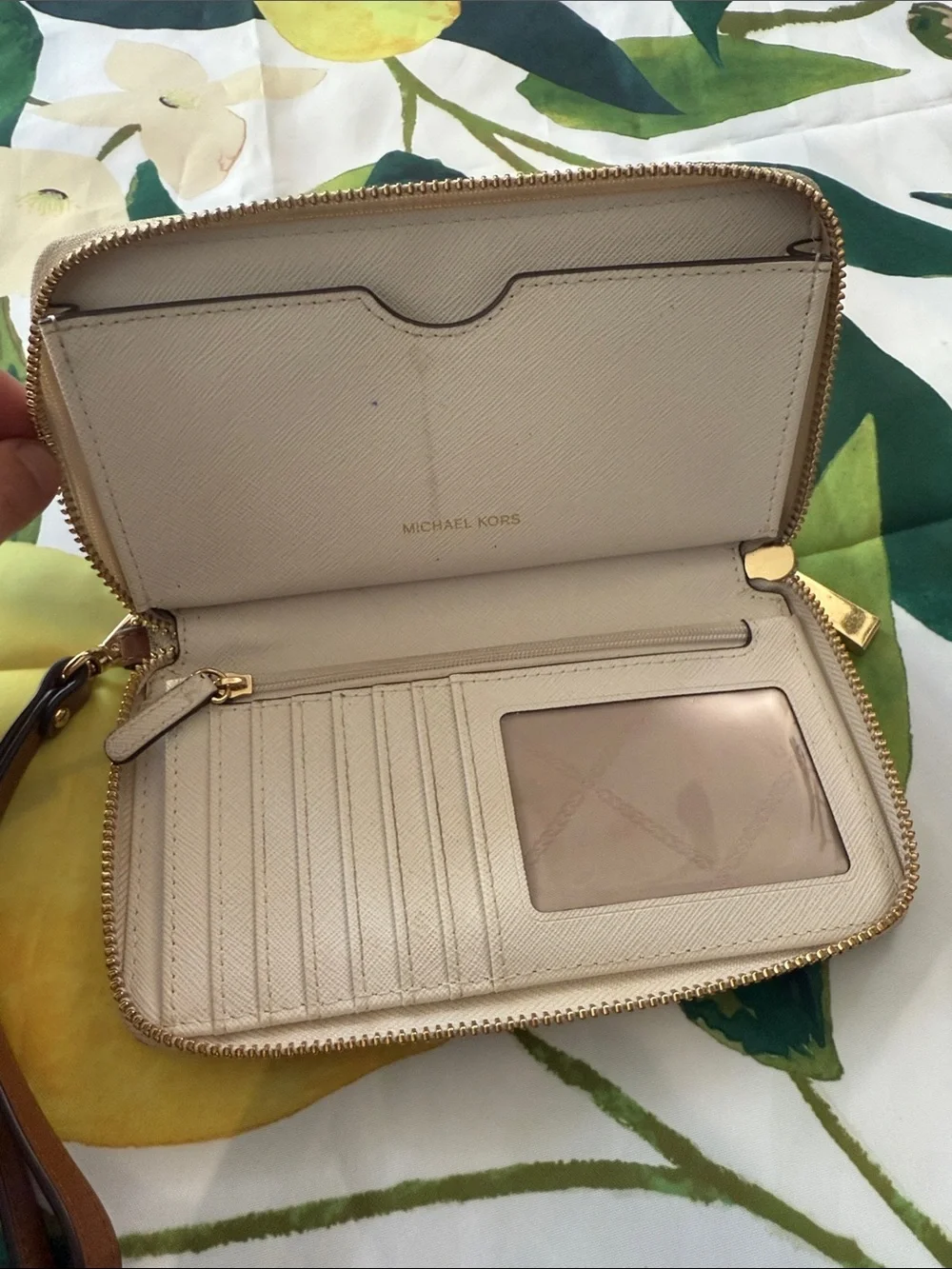 Michael Kors Beige Signature Zip Wristlet with Gold Hardware